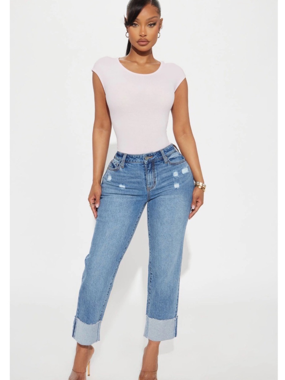 Fashion Nova Solene Relaxed Cuffed Straight Leg Jeans - Medium Wash US 22